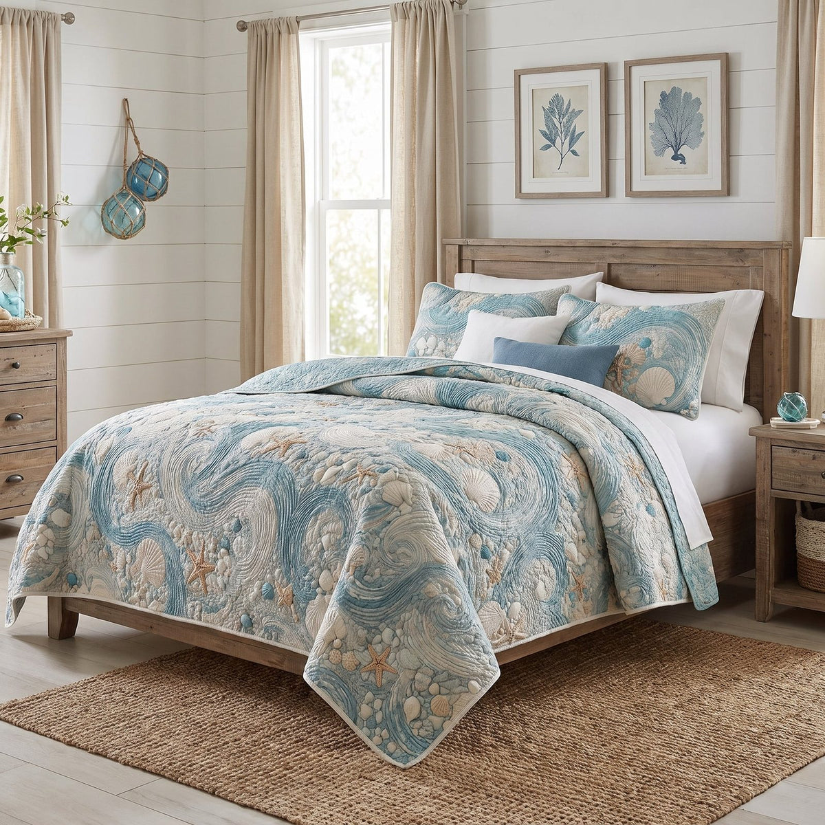 Coastal Harmony quilted 3-piece bedding set on a made bed in a light coastal bedroom