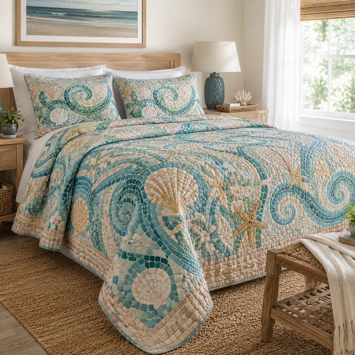 Coastal Harmony quilted 3-piece bedding set on a made bed in a light coastal bedroom