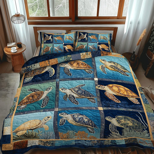 Coastal Harmony quilted 3-piece bedding set on a made bed in a light coastal bedroom