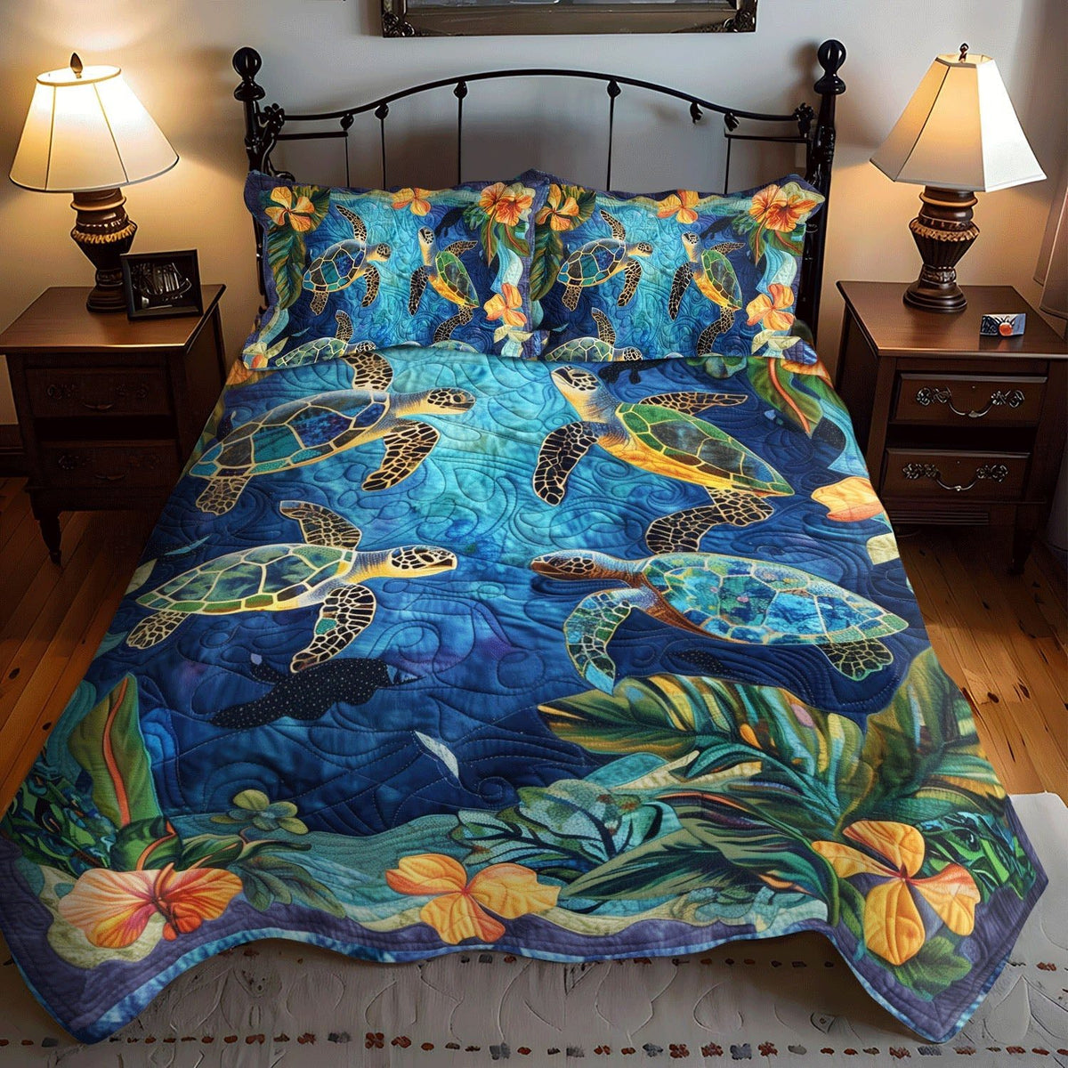 Coastal Harmony quilted 3-piece bedding set on a made bed in a light coastal bedroom