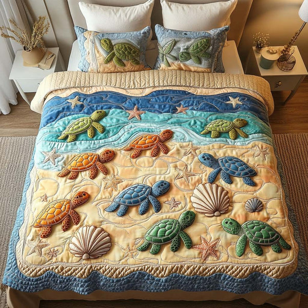 Coastal Haven quilted 3-piece bedding set on a made bed in a light coastal bedroom