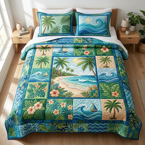 Coastal Haven quilted 3-piece bedding set on a made bed in a light coastal bedroom