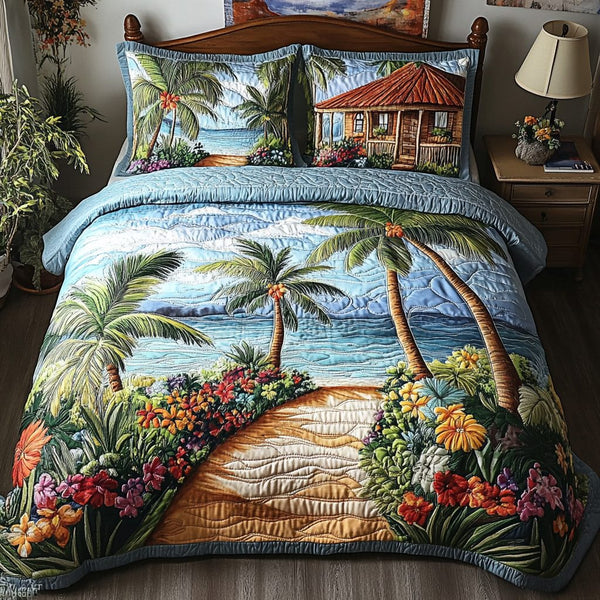 Coastal Haven quilted 3-piece bedding set on a made bed in a light coastal bedroom