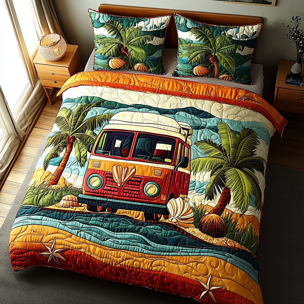 Coastal Highway quilted 3-piece bedding set on a made bed in a light coastal bedroom