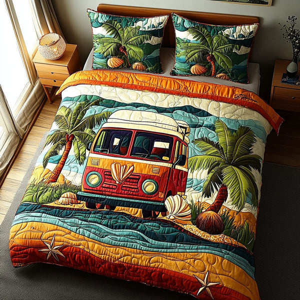 Coastal Highway quilted 3-piece bedding set on a made bed in a light coastal bedroom