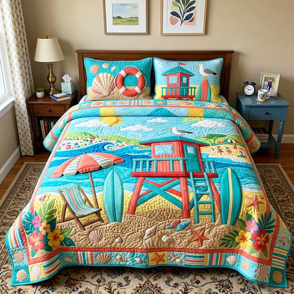Coastal Hut quilted 3-piece bedding set on a made bed in a light coastal bedroom