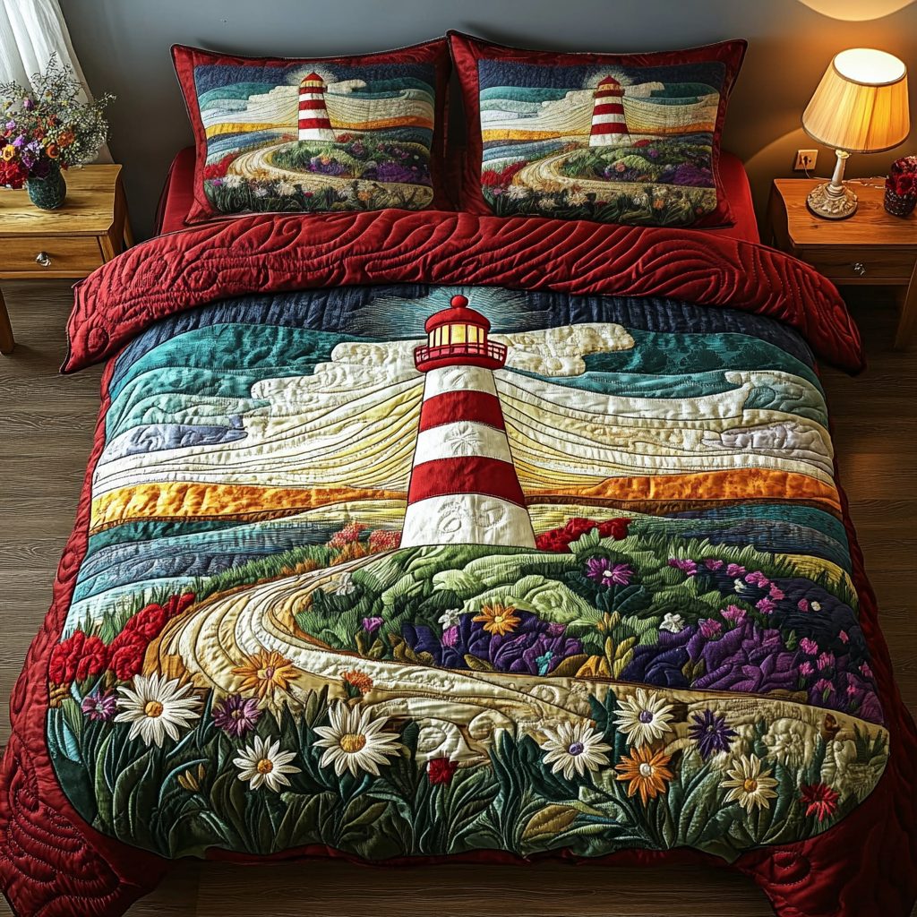 Coastal Illumination quilted 3-piece bedding set on a made bed in a light coastal bedroom