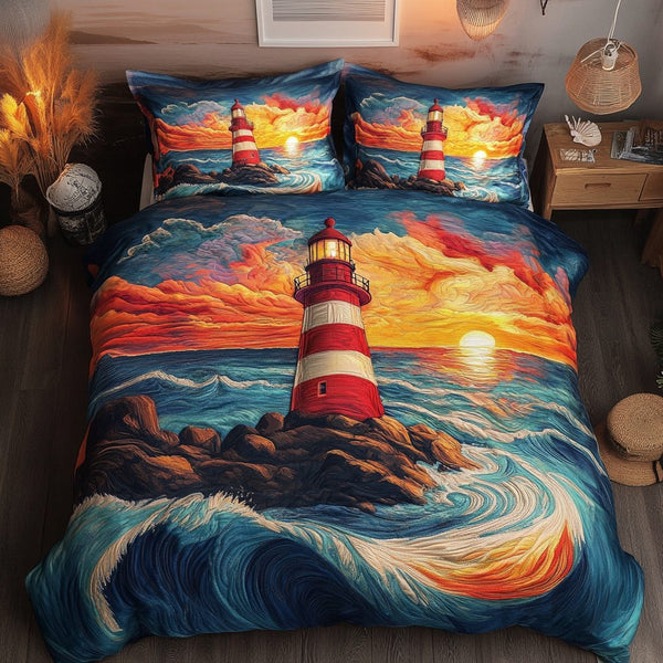 Coastal Illumination quilted 3-piece bedding set on a made bed in a light coastal bedroom