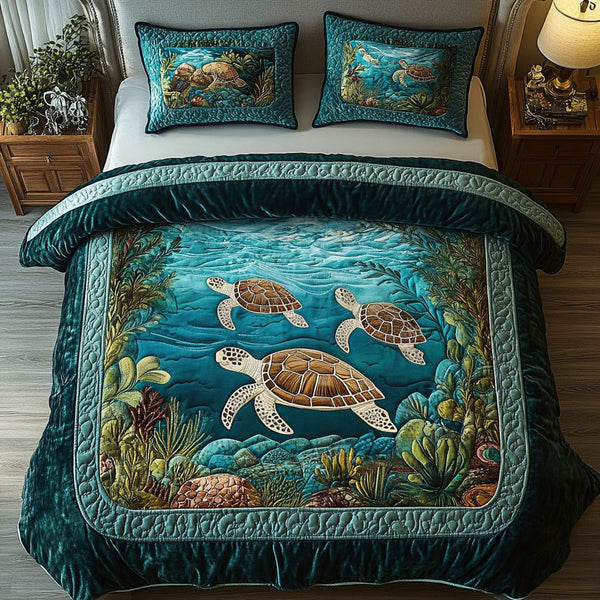 Coastal Journey quilted 3-piece bedding set on a made bed in a light coastal bedroom