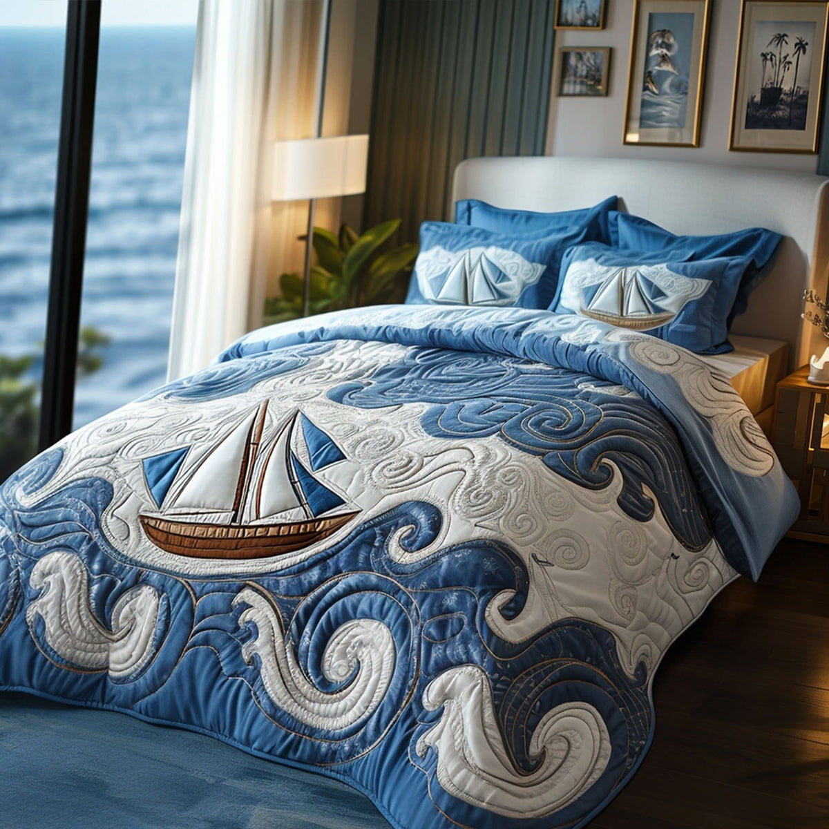 Coastal Journey quilted 3-piece bedding set on a made bed in a light coastal bedroom