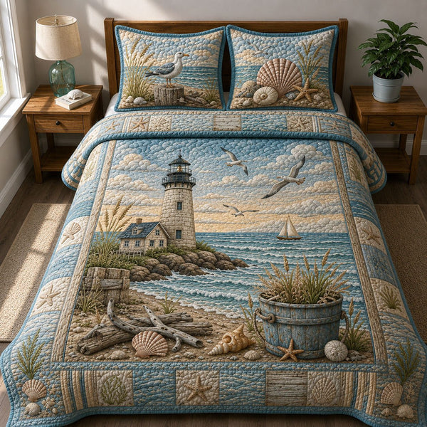 Coastal Life quilted 3-piece bedding set on a made bed in a light coastal bedroom