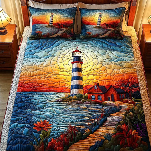Coastal Light quilted 3-piece bedding set on a made bed in a light coastal bedroom