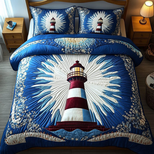 Coastal Light quilted 3-piece bedding set on a made bed in a light coastal bedroom
