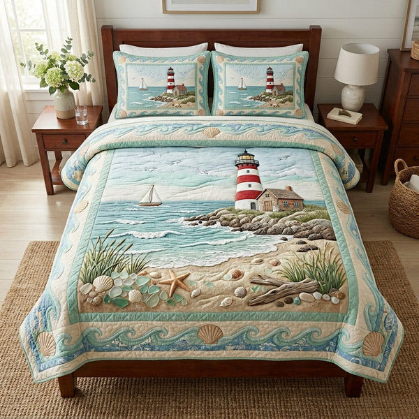 Coastal Lighthouse Haven quilted 3-piece bedding set on a made bed in a light coastal bedroom