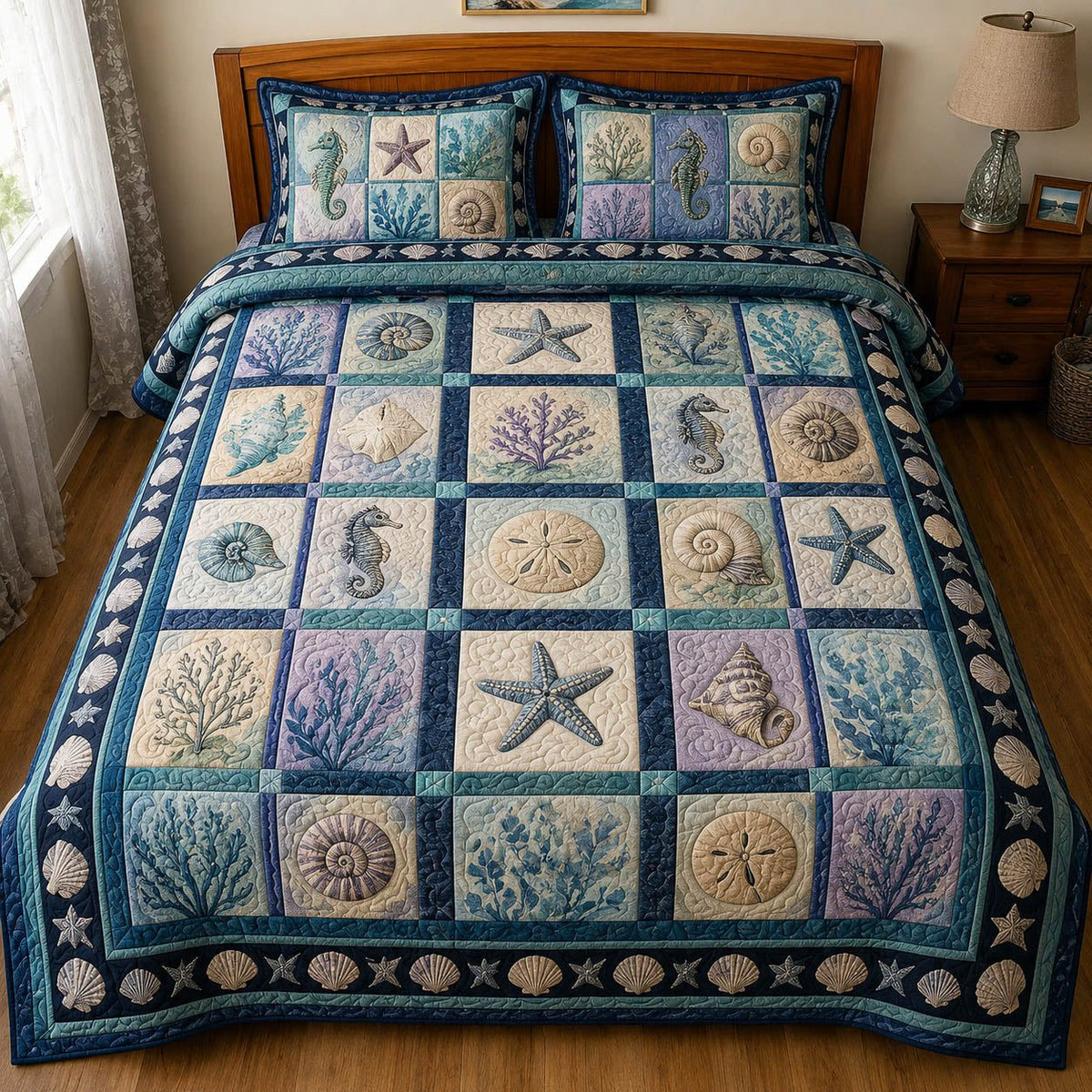 Coastal Lighthouse quilted 3-piece bedding set on a made bed in a light coastal bedroom