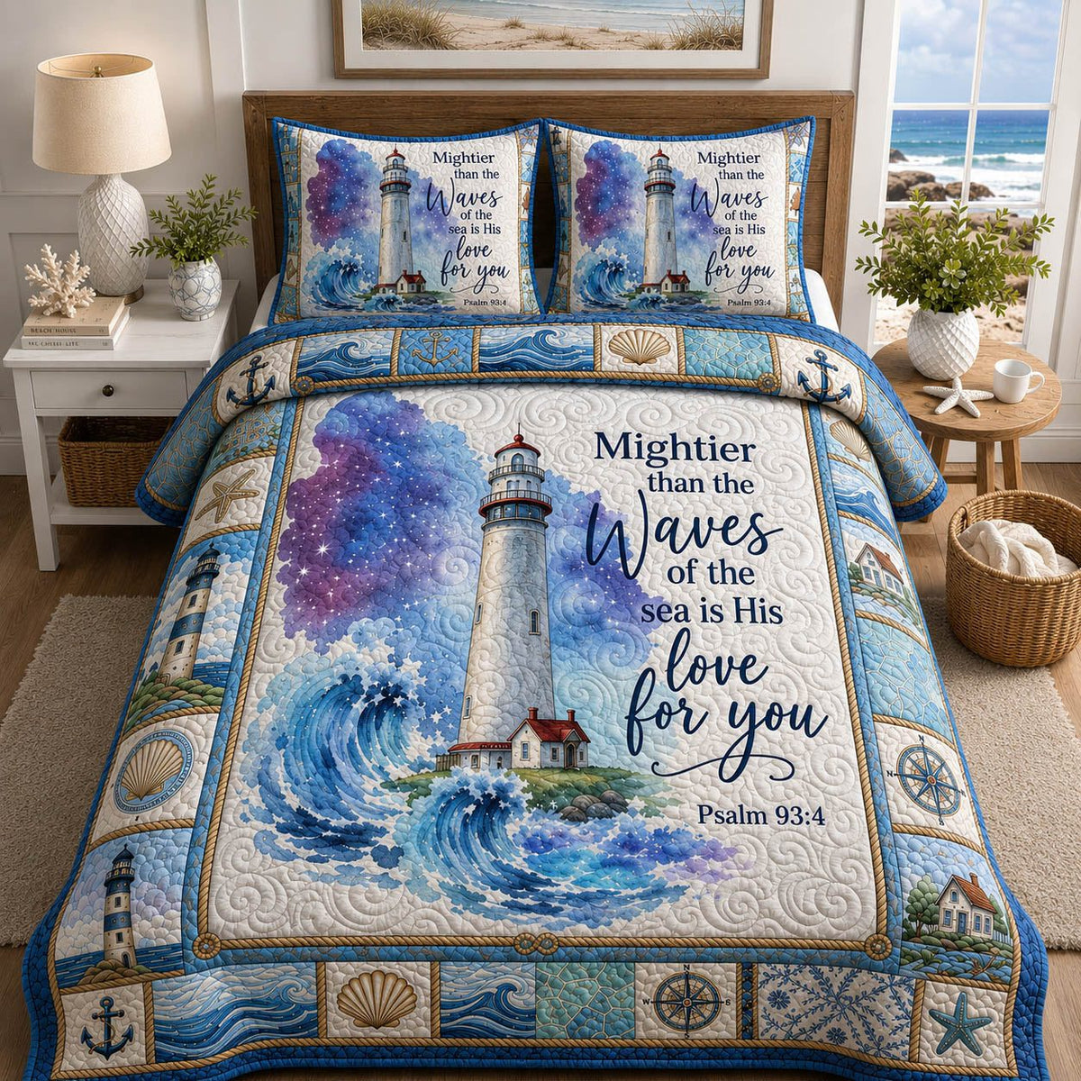 Coastal Lighthouse quilted 3-piece bedding set on a made bed in a light coastal bedroom
