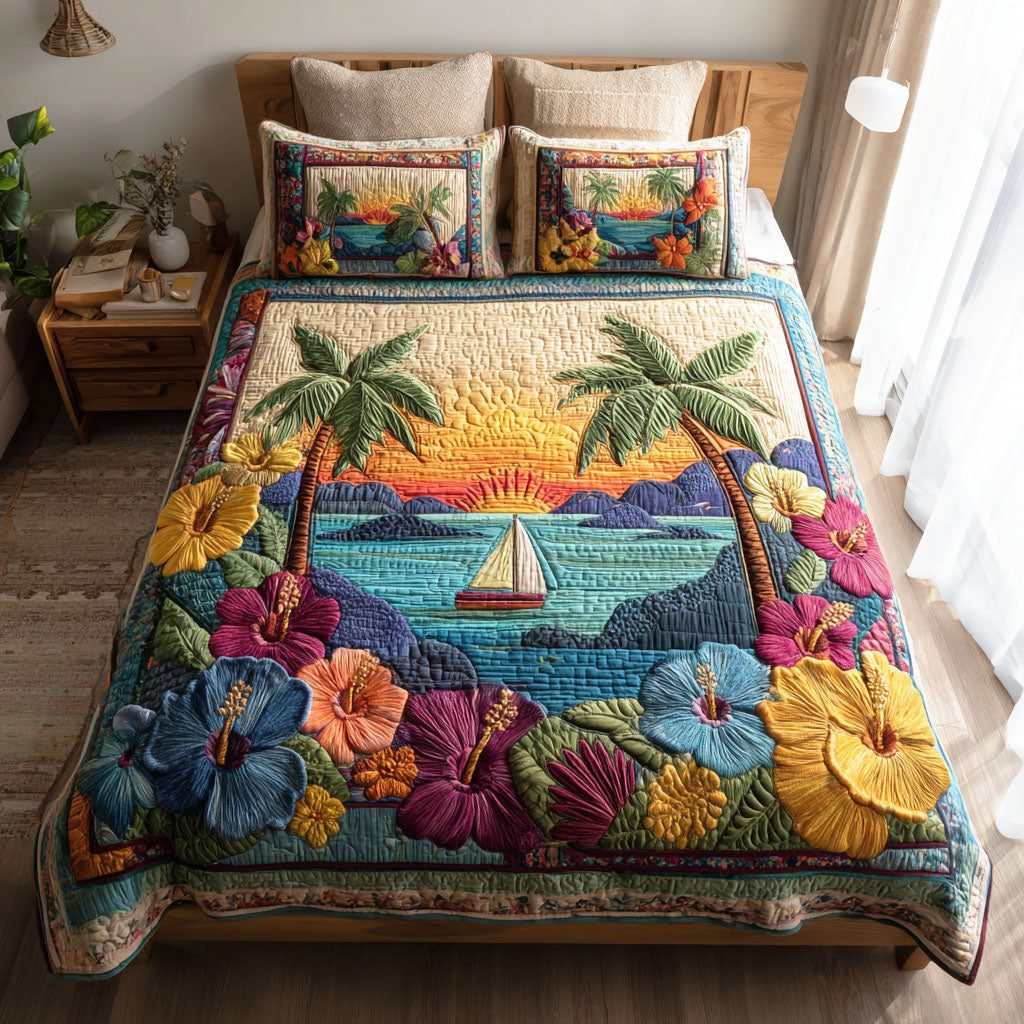 Coastal Paradise quilted 3-piece bedding set on a made bed in a light coastal bedroom