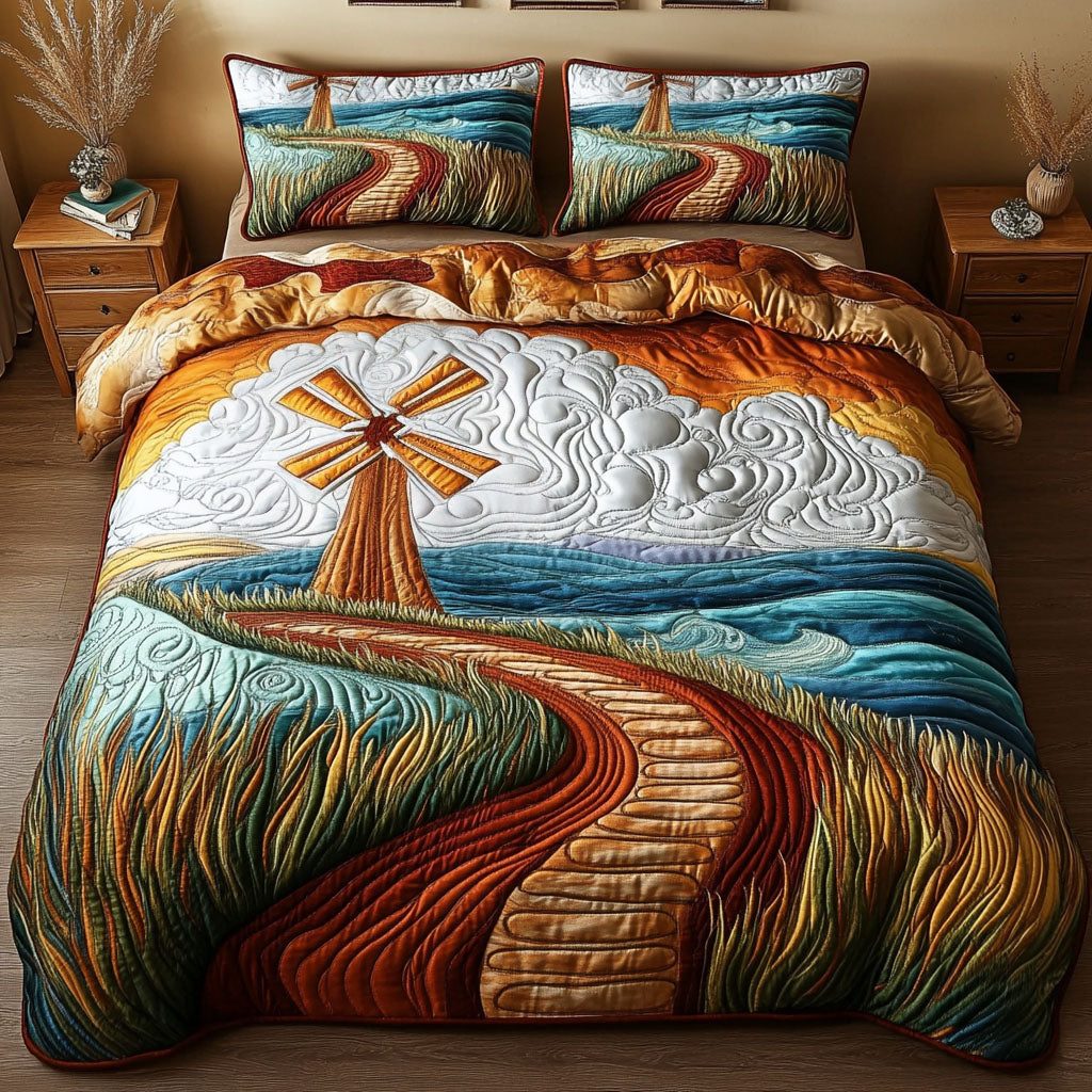 Coastal Path quilted 3-piece bedding set on a made bed in a light coastal bedroom