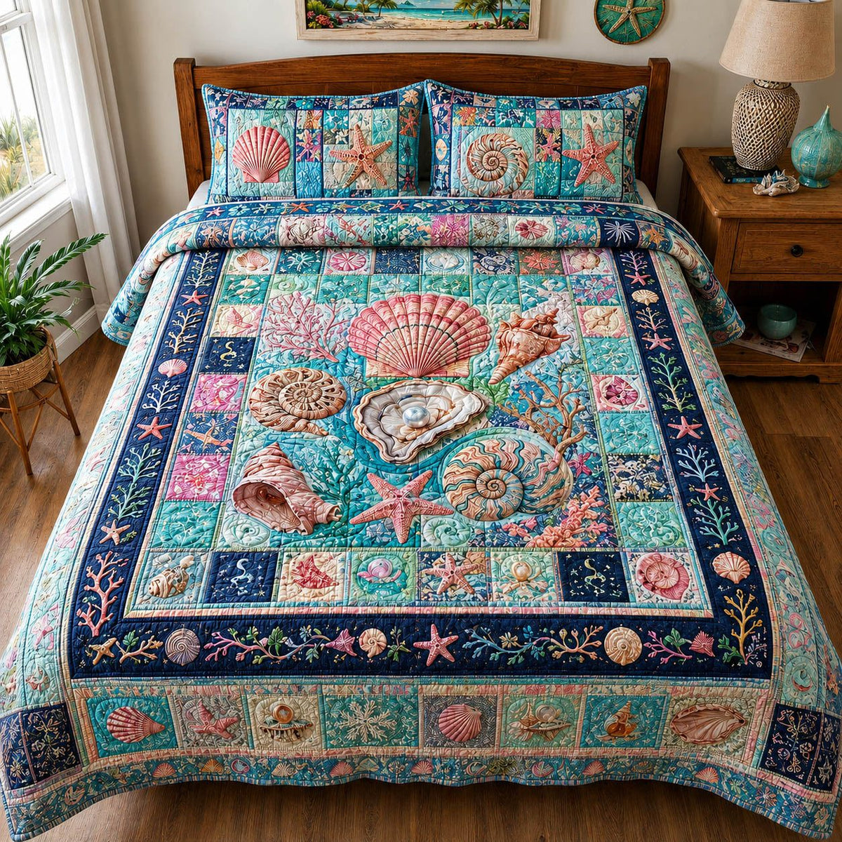 Coastal Pearls quilted 3-piece bedding set on a made bed in a light coastal bedroom