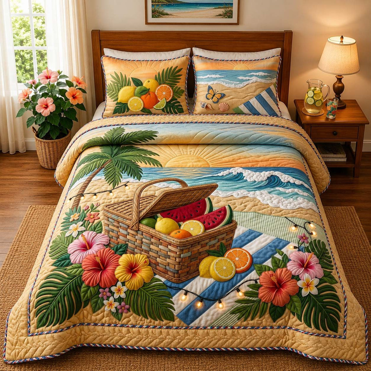 Coastal Picnic quilted 3-piece bedding set on a made bed in a light coastal bedroom