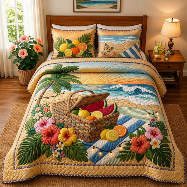 Coastal Picnic quilted 3-piece bedding set on a made bed in a light coastal bedroom