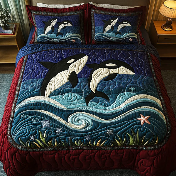 Coastal Predator quilted 3-piece bedding set on a made bed in a light coastal bedroom