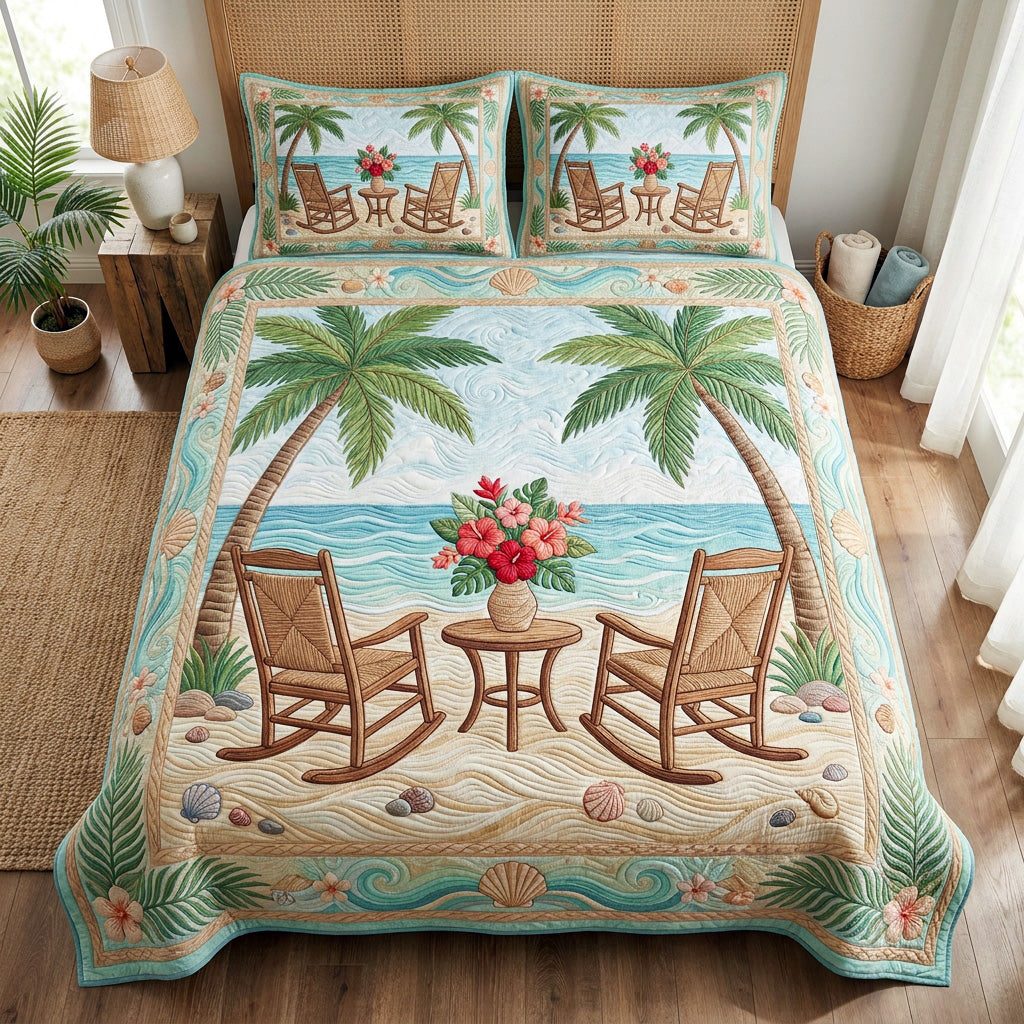 Coastal Retreat quilted 3-piece bedding set on a made bed in a light coastal bedroom