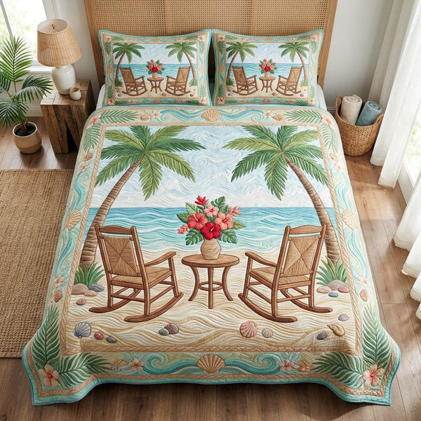 Coastal Retreat quilted 3-piece bedding set on a made bed in a light coastal bedroom