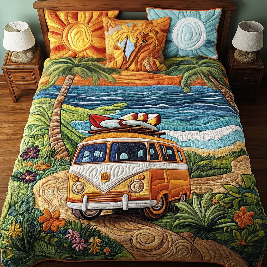 Coastal Road quilted 3-piece bedding set on a made bed in a light coastal bedroom