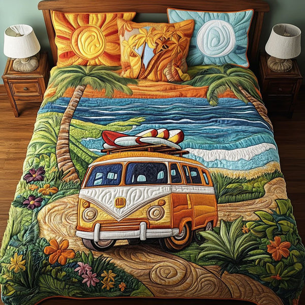 Coastal Road quilted 3-piece bedding set on a made bed in a light coastal bedroom