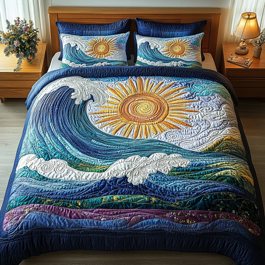 Coastal Rush quilted 3-piece bedding set on a made bed in a light coastal bedroom