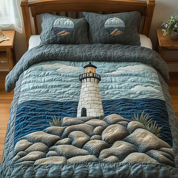 Coastal Serenity quilted 3-piece bedding set on a made bed in a light coastal bedroom