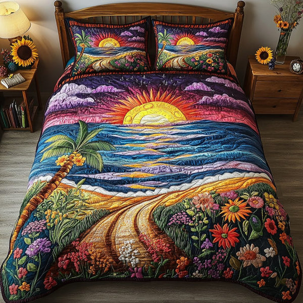 Coastal Serenity quilted 3-piece bedding set on a made bed in a light coastal bedroom