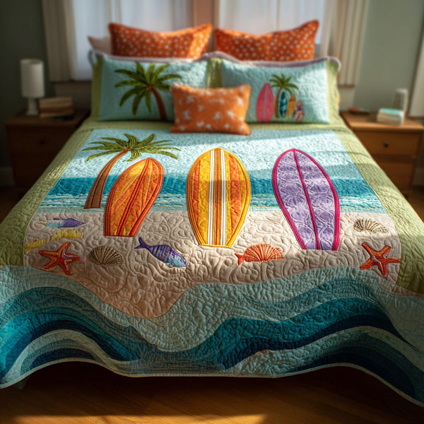 Coastal Serenity quilted 3-piece bedding set on a made bed in a light coastal bedroom