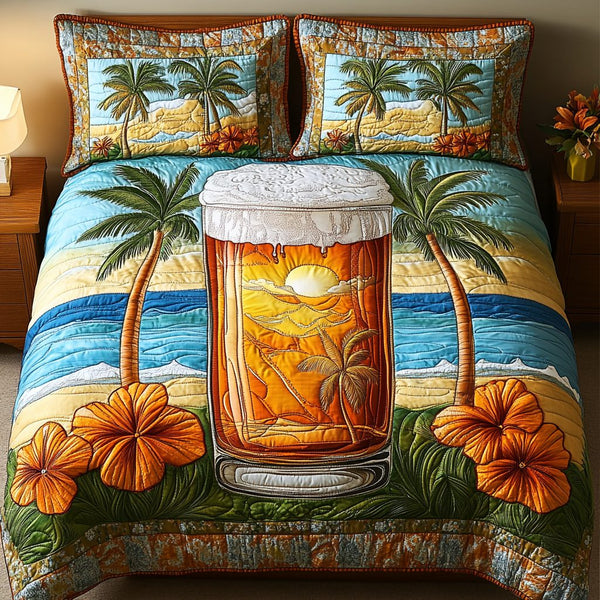 Coastal Sip quilted 3-piece bedding set on a made bed in a light coastal bedroom