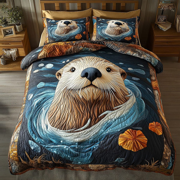Coastal Snuggles quilted 3-piece bedding set on a made bed in a light coastal bedroom