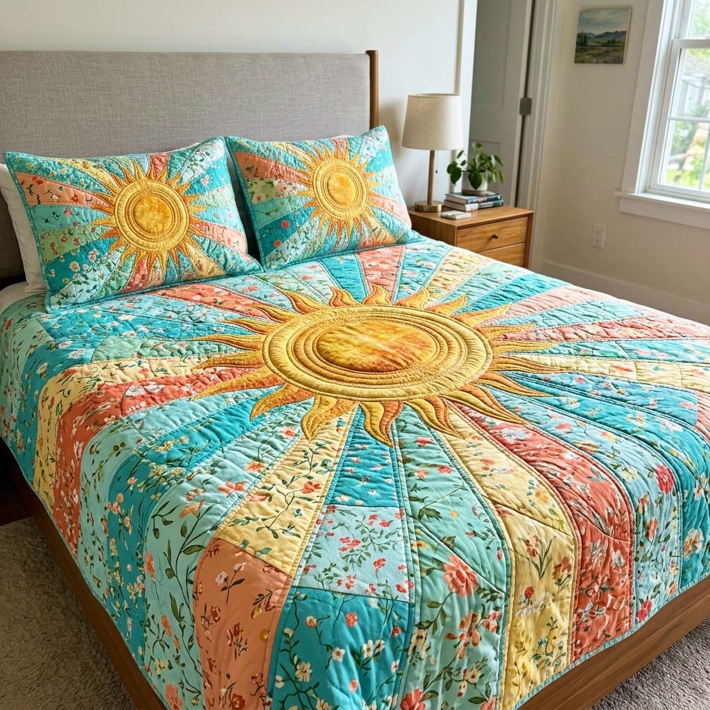 Coastal Sun quilted 3-piece bedding set on a made bed in a light coastal bedroom