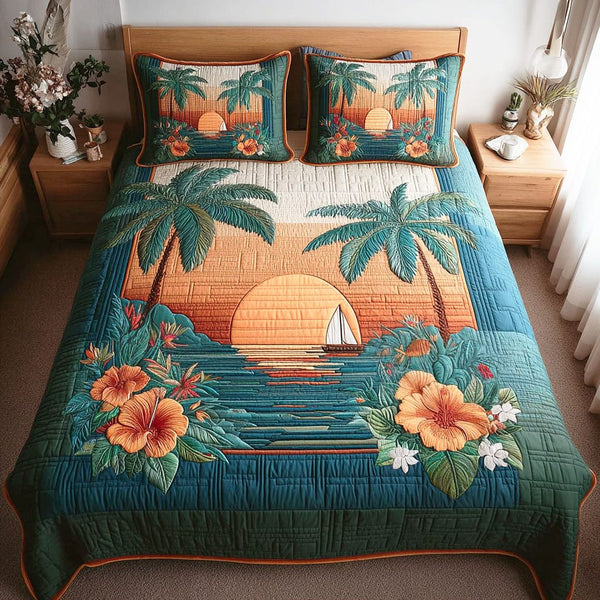 Coastal Sunset quilted 3-piece bedding set on a made bed in a light coastal bedroom