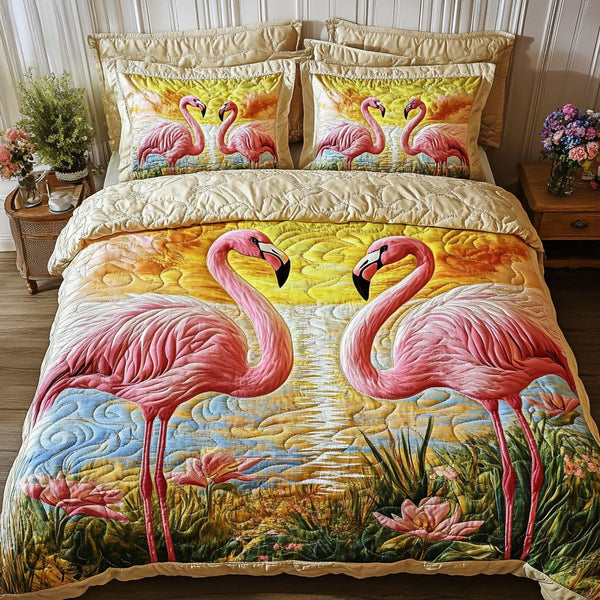 Coastal Sunset quilted 3-piece bedding set on a made bed in a light coastal bedroom
