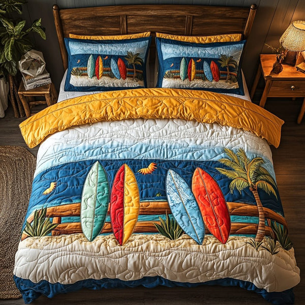 Coastal Surfboard quilted 3-piece bedding set on a made bed in a light coastal bedroom