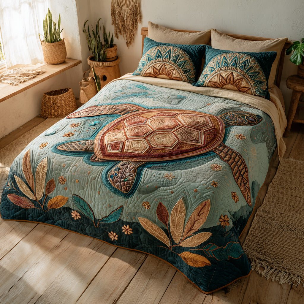 Coastal Terra quilted 3-piece bedding set on a made bed in a light coastal bedroom