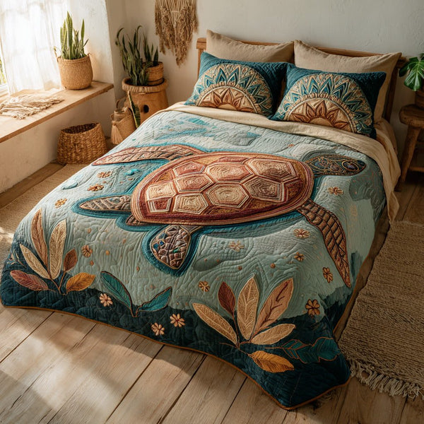 Coastal Terra quilted 3-piece bedding set on a made bed in a light coastal bedroom