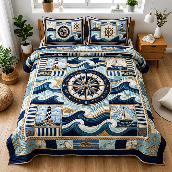Coastal Tide quilted 3-piece bedding set on a made bed in a light coastal bedroom