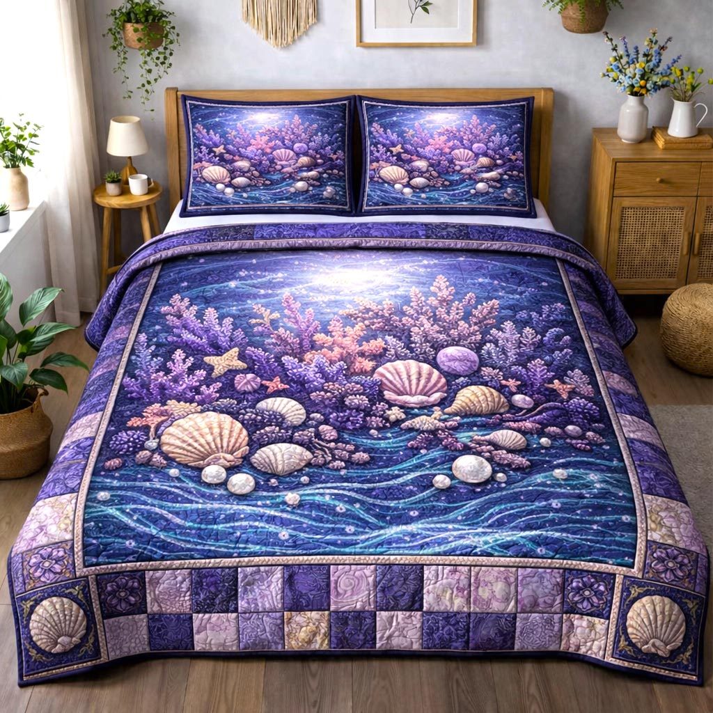 Coastal Treasure quilted 3-piece bedding set on a made bed in a light coastal bedroom