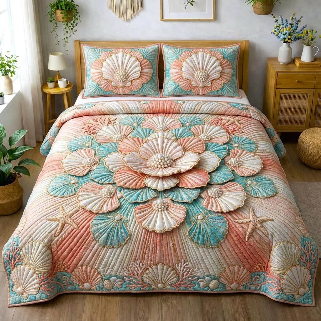 Coastal Treasure quilted 3-piece bedding set on a made bed in a light coastal bedroom