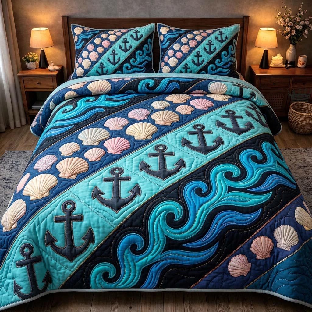Coastal Treasure quilted 3-piece bedding set on a made bed in a light coastal bedroom