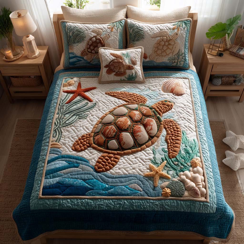 Coastal Turtle Bliss quilted 3-piece bedding set on a made bed in a light coastal bedroom