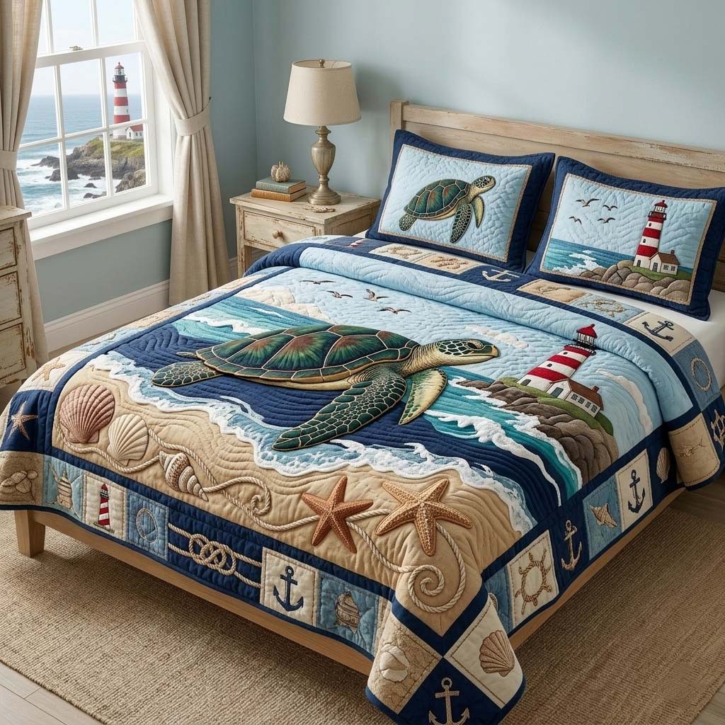 Coastal Turtle Haven quilted 3-piece bedding set on a made bed in a light coastal bedroom
