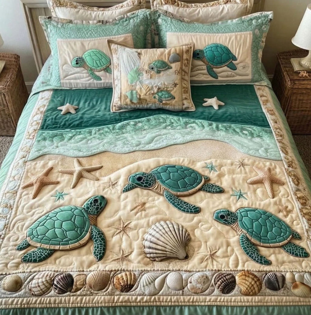 Coastal Turtle Haven quilted 3-piece bedding set on a made bed in a light coastal bedroom