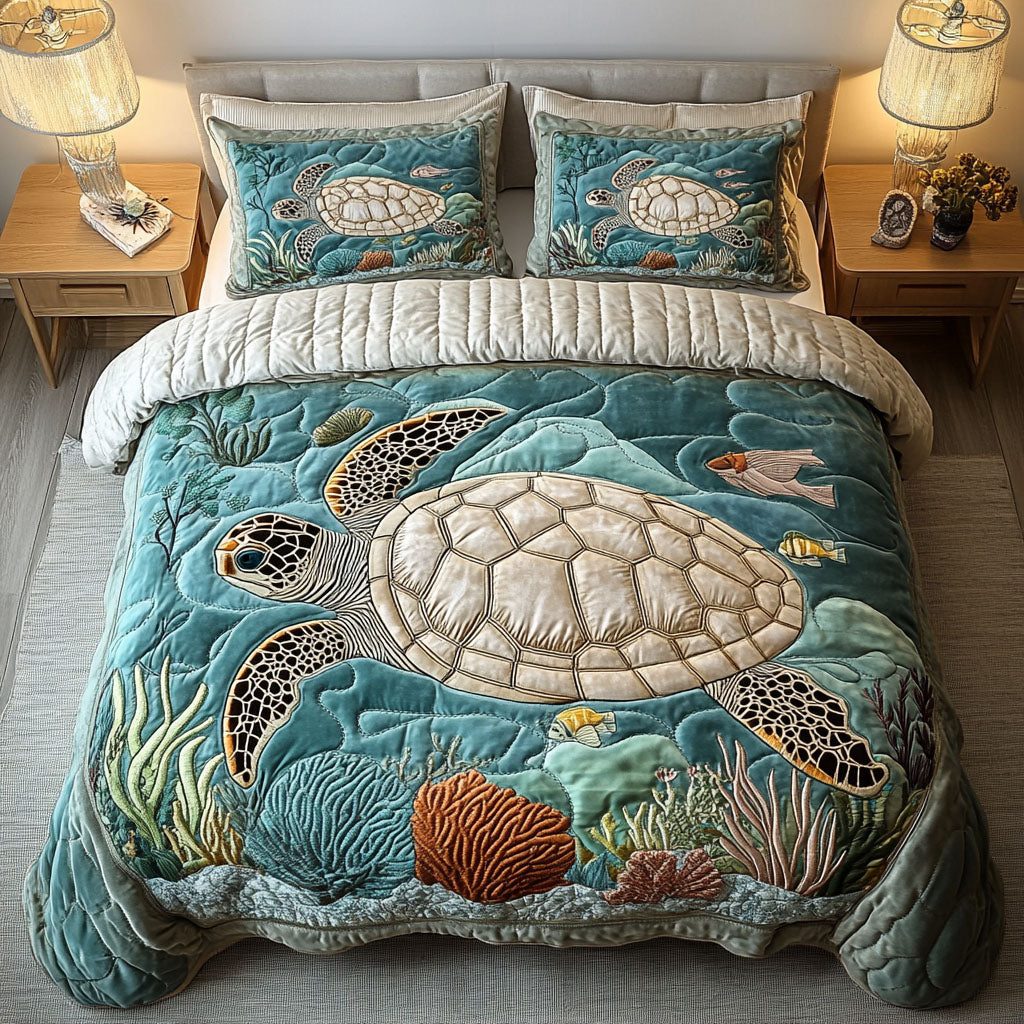 Coastal Turtle Haven quilted 3-piece bedding set on a made bed in a light coastal bedroom